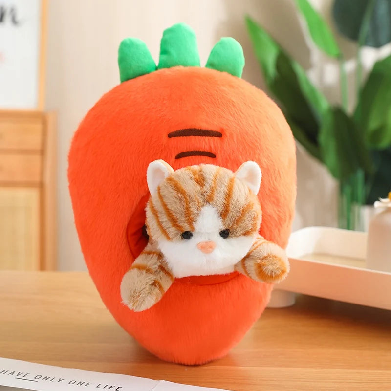 Kawaii plush toy shaped like a carrot with a small cat plush inside on a wooden surface.