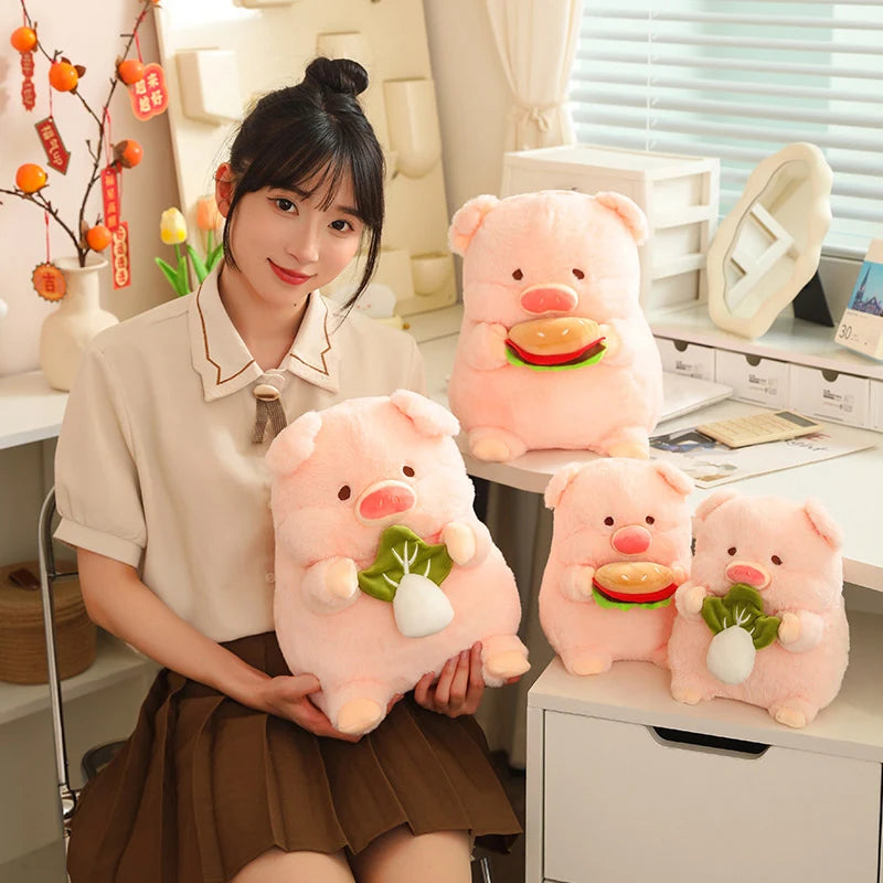 Person holding a kawaii plush pig toy with a desk and decorative items in the background