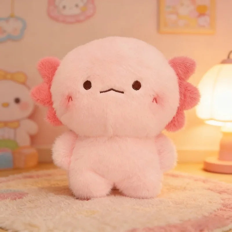 Cute kawaii plush toy with pink flower ears on a soft surface with a warm glow.