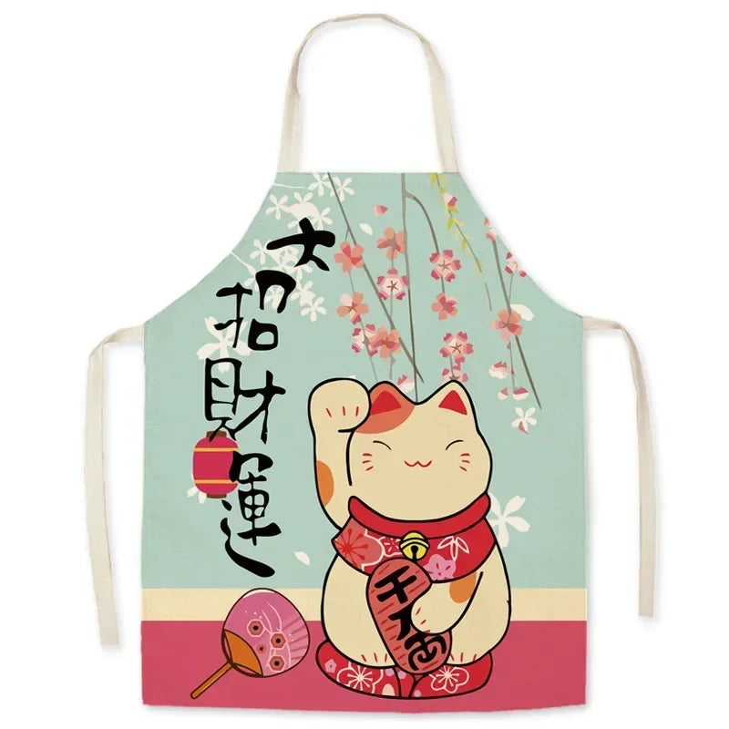 Kawaii apron with a cartoon cat and floral design on a light blue background