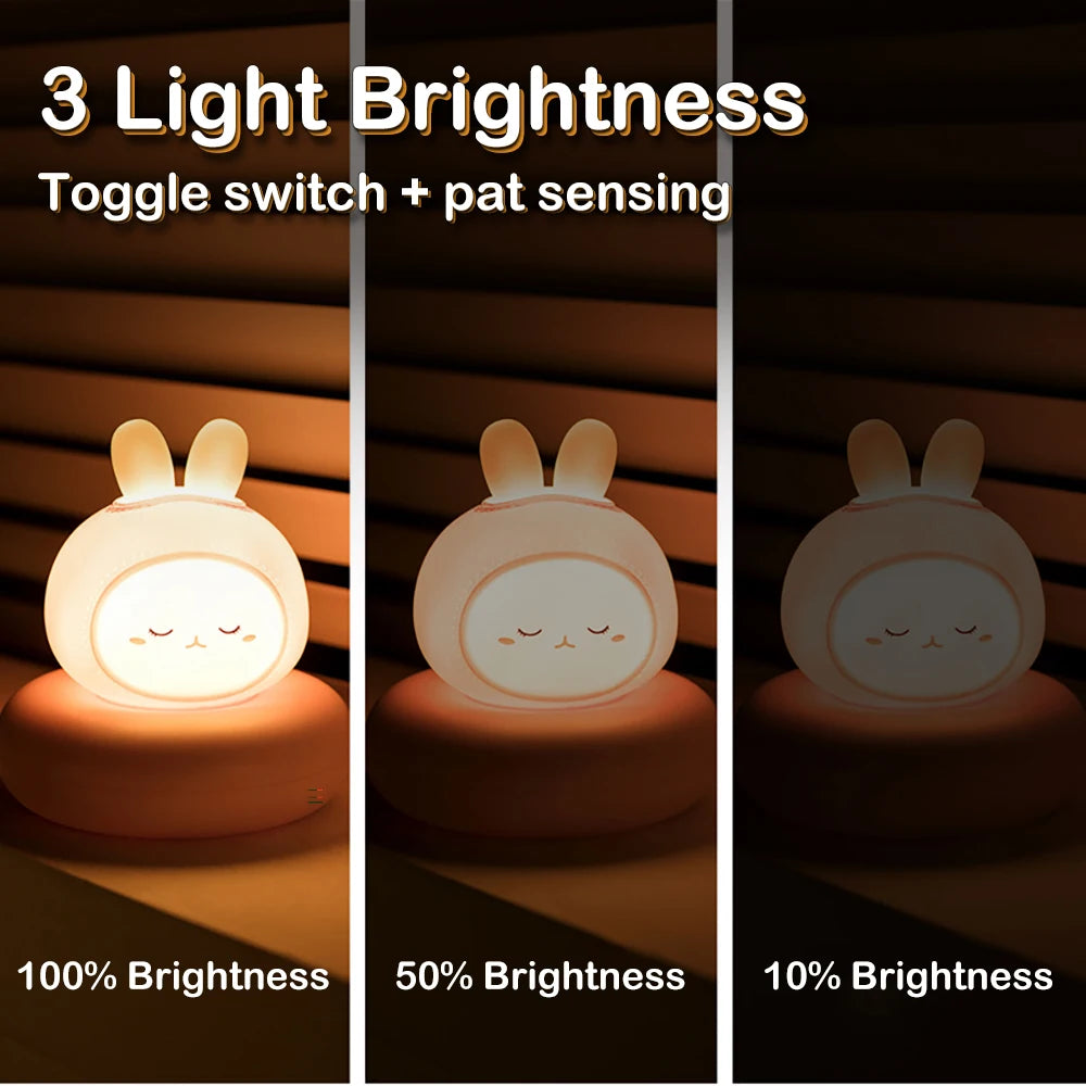 Three levels of a kawaii rabbit-shaped night light with text indicating light brightness.