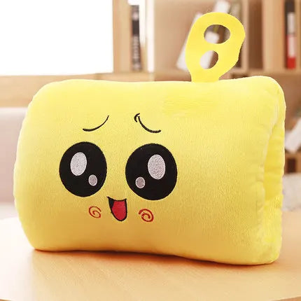 Yellow kawaii plush pillow with cartoon face on a light background