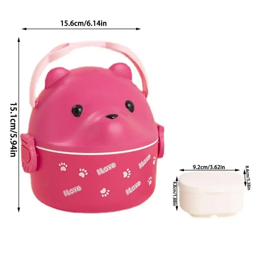 Pink bear-shaped kawaii food container with measurements on a white background