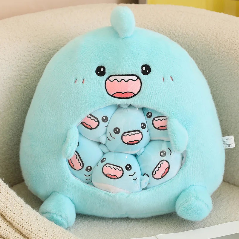 Cute blue kawaii plush toy with cartoon face on a beige chair