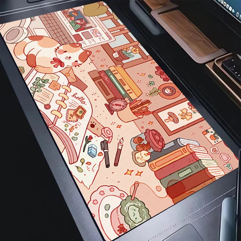 A rectangular desk mat with a cute, colorful cartoon illustration of a cozy room scene, placed on a dark gray laptop or computer keyboard area.