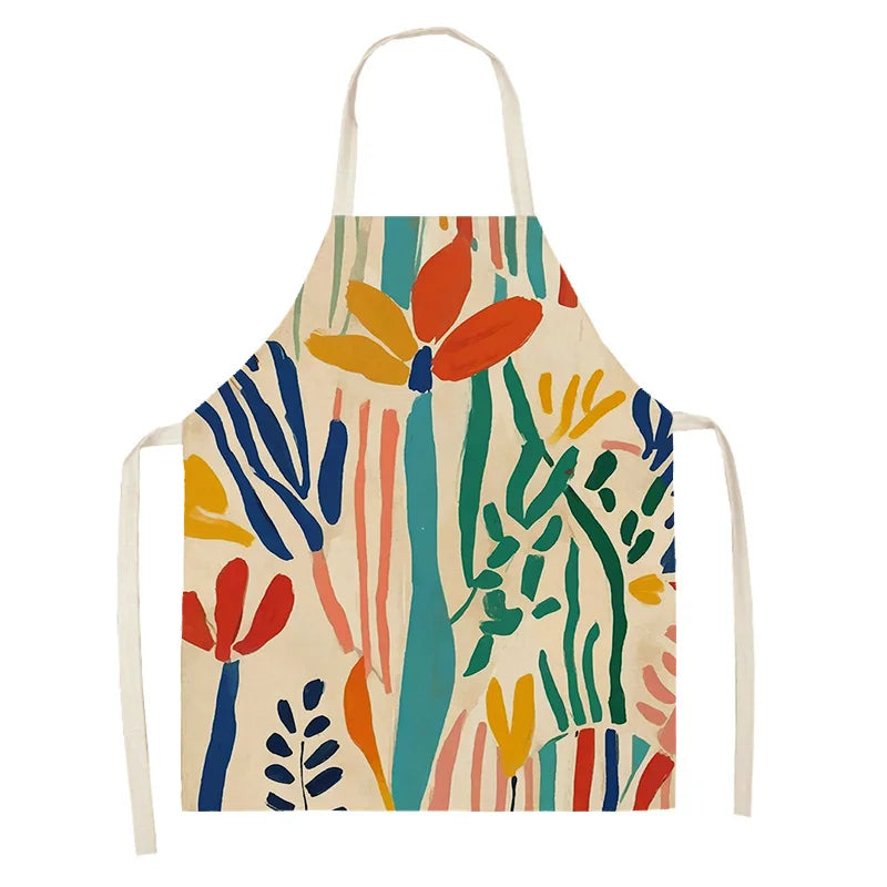 Colorful kawaii apron with abstract floral design on a beige background
