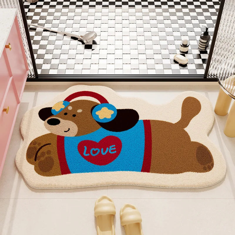 Dog-shaped kawaii bath mat with 'LOVE' heart design on a bathroom floor.