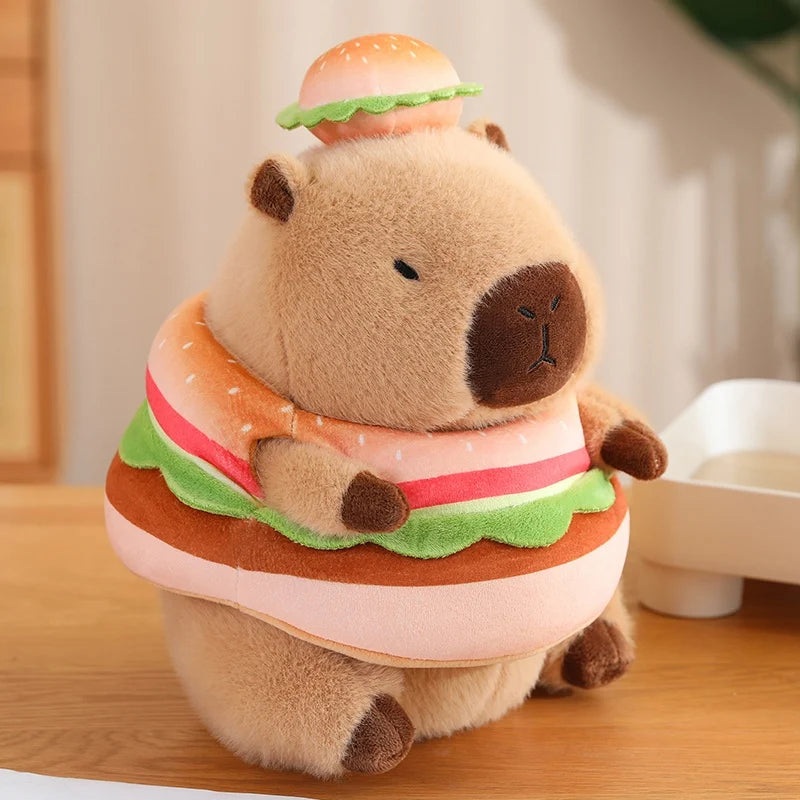Kawaii plush toy bear wearing a hamburger costume on a wooden surface