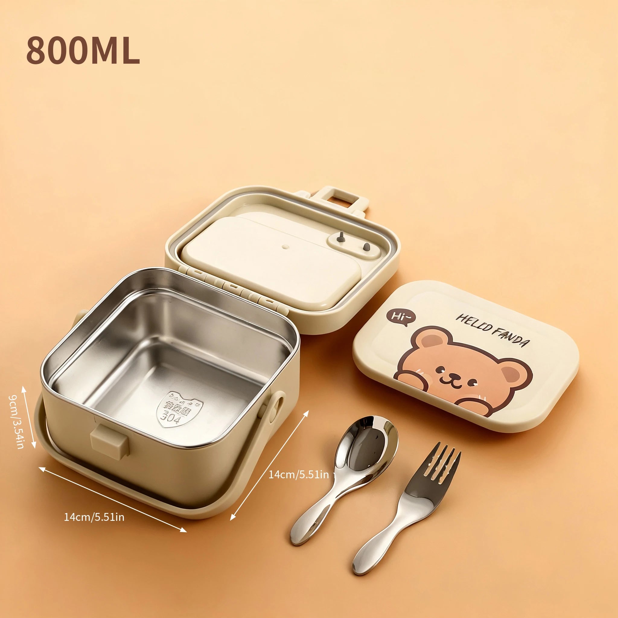 Stainless steel kawaii lunch box with wooden lid, spoon, and fork on a beige background