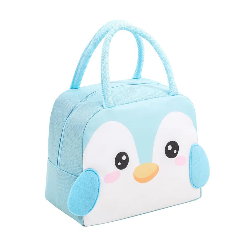 Light blue penguin-shaped kawaii bag with a white face and black eyes on a white background