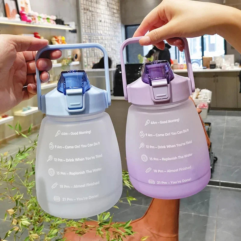 Two kawaii water bottles with time markings held by hands in a kitchen setting.