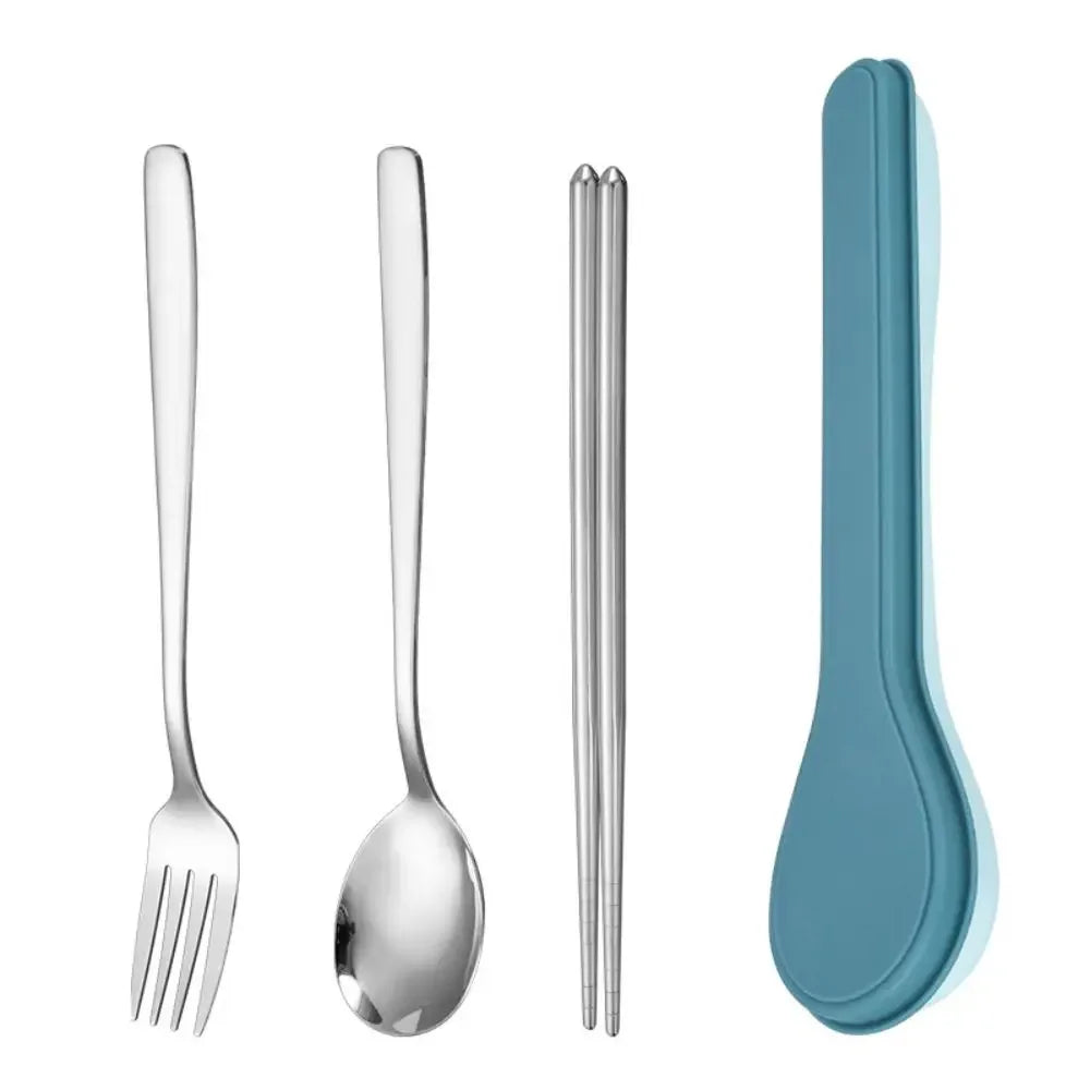 Set of kawaii utensils with a blue-handled spoon on a white background