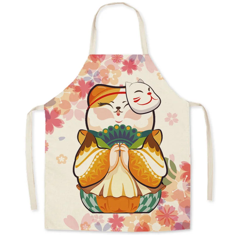 Kawaii apron with cartoon cat design on a floral background