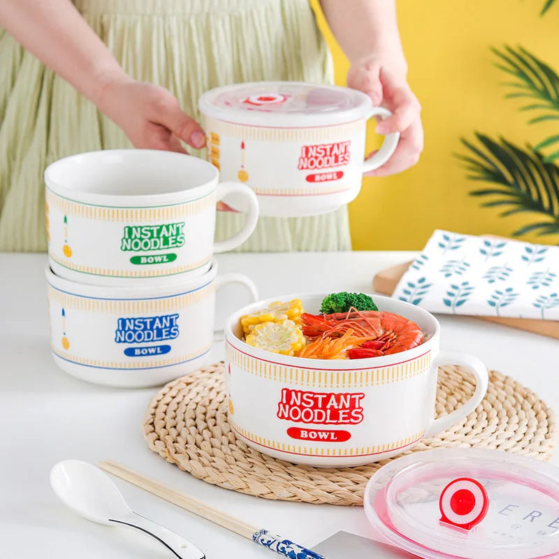 A group of instant noddles kawaii ramen bowls in various colors