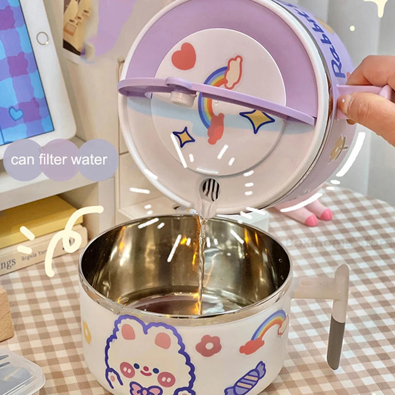 Children's kawaii ramen bowl with cartoon design on a checkered tablecloth.