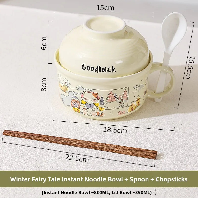 Winter fairy tale instant noodle kawaii ramen bowl with spoon and chopsticks, shown with measurements on a white background.