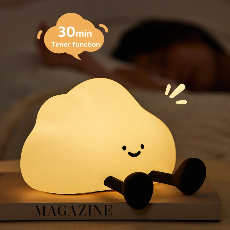 Silicone kawaii night light with a 30-minute timer on a magazine, promoting sleep aid.