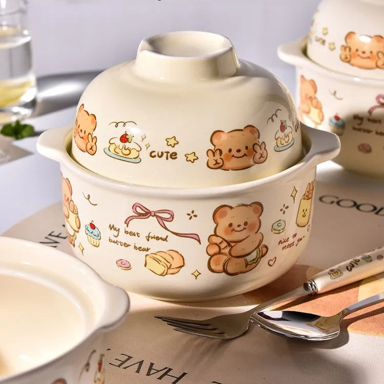 Ceramic kawaii ramen bowl with cartoon designs on a table with text highlighting its practicality.
