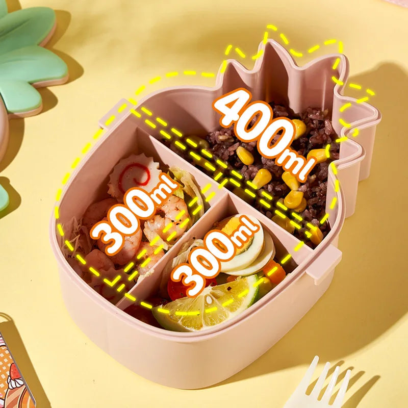 Children's kawaii bento box with compartments filled with food on a yellow background