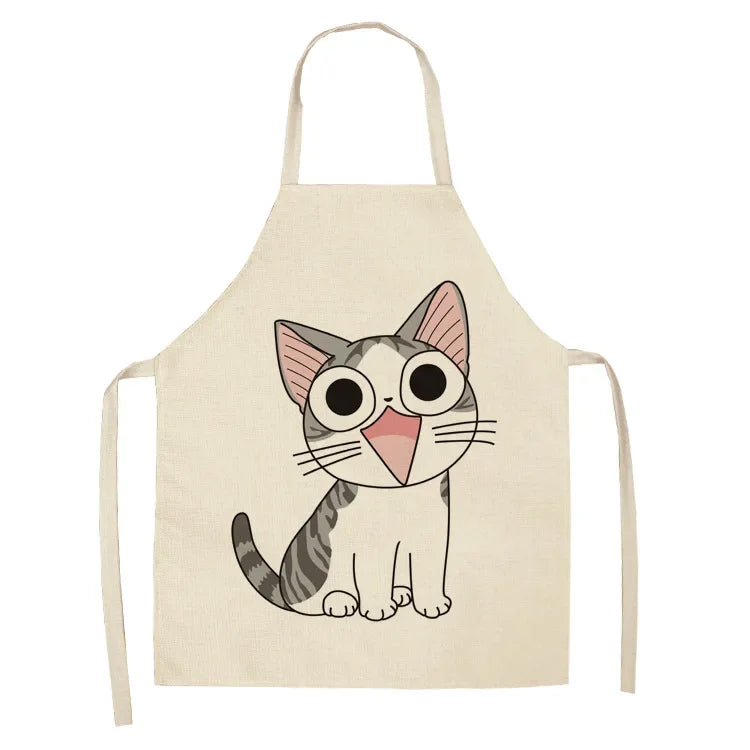 Beige kawaii apron with a cartoon cat design on a white background