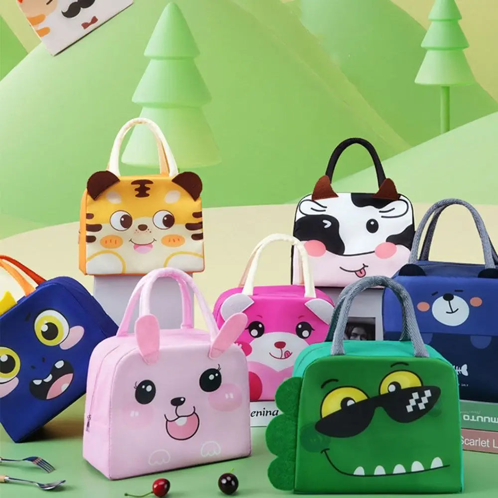 Collection of colorful children's kawaii bags with animal faces on a green background