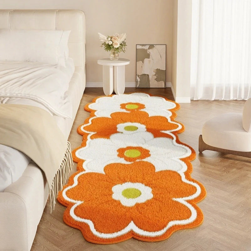 Floral design kawaii rug on a wooden floor in a bedroom setting