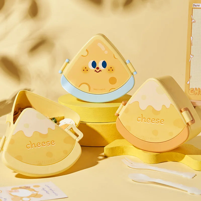 Set of kawaii cheese-themed bento boxes with cartoon face on a yellow background