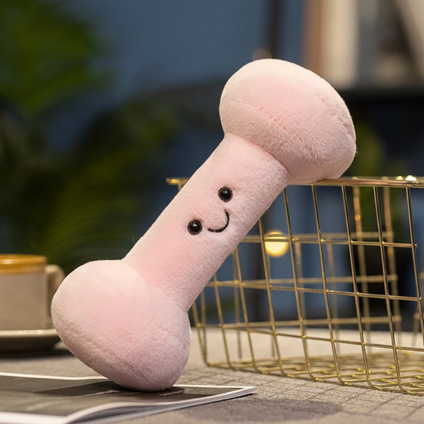 Kawaii plush toy resembling a bone with a smiley face on a surface, labeled '20cm'.