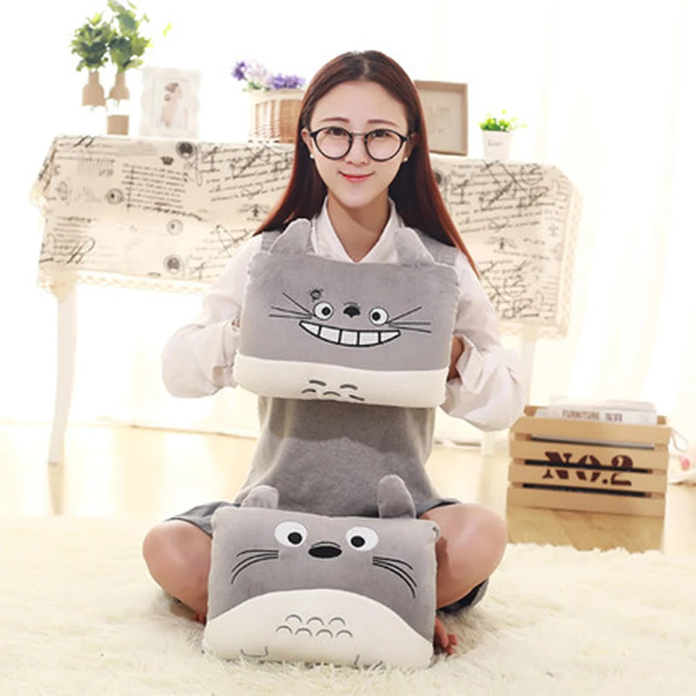 Woman holding a cartoon character kawaii pillow in a cozy room setting