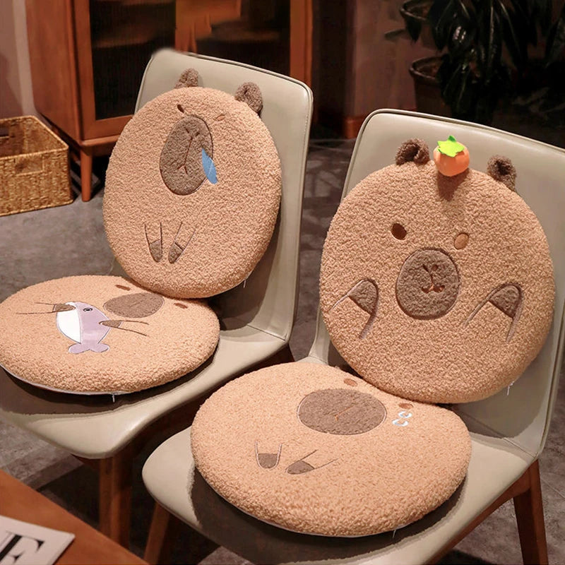 Four cartoon bear-shaped seat kawaii cushions on chairs in a room setting.
