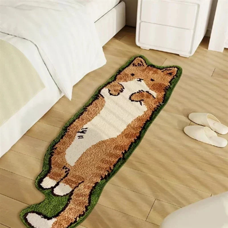 Kawaii Cat-shaped rug on a wooden floor with a white couch in the background