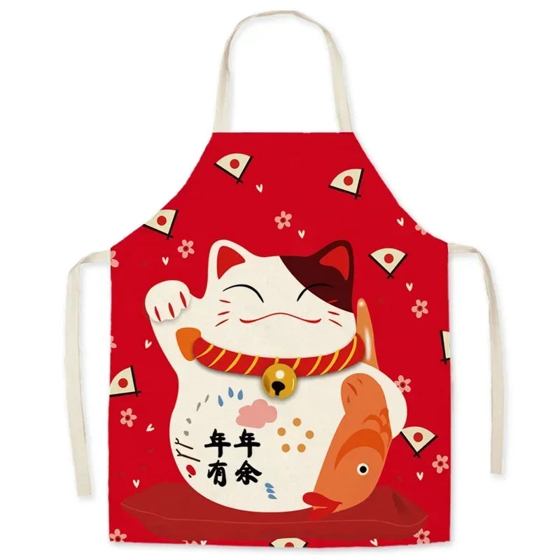 Red kawaii apron with a lucky cat design on a white background