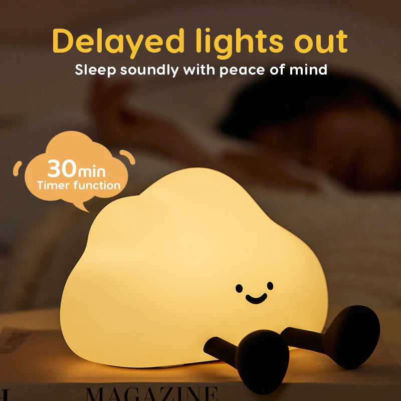 Cute cloud-shaped kawaii night light with a smiley face on a blurred background