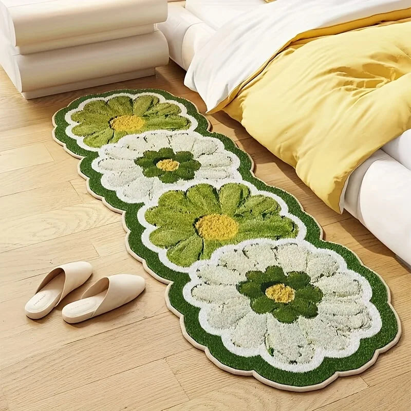 Floral patterned kawaii rug on a wooden floor with white shoes nearby
