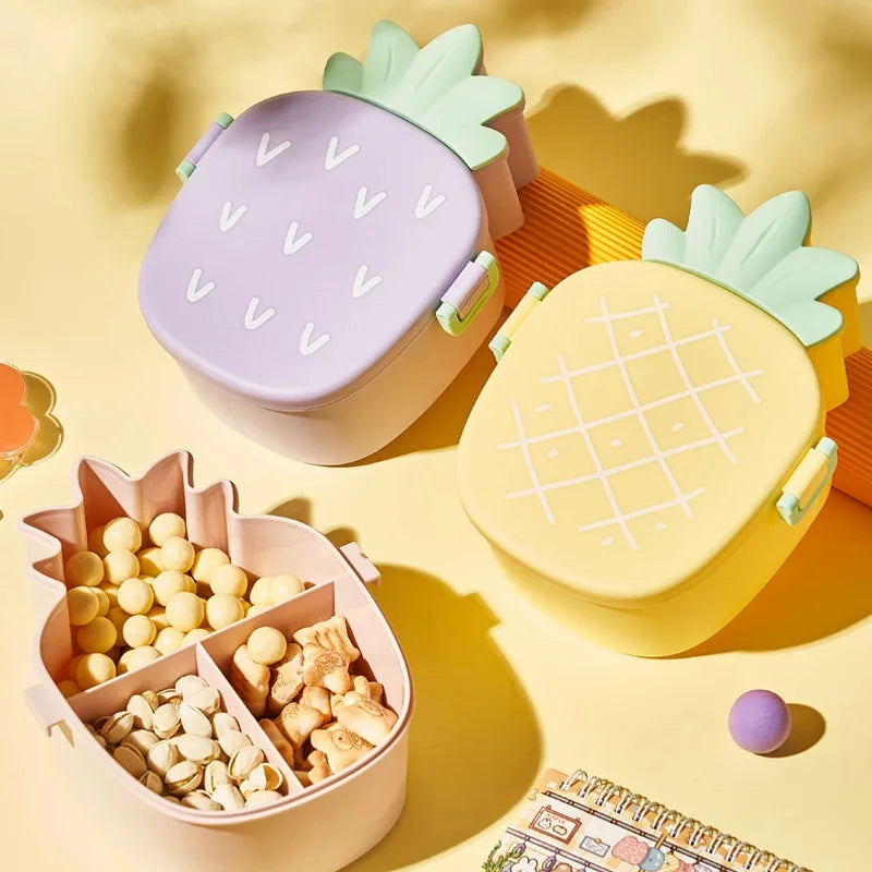Pineapple-themed kawaii snack containers on a yellow background
