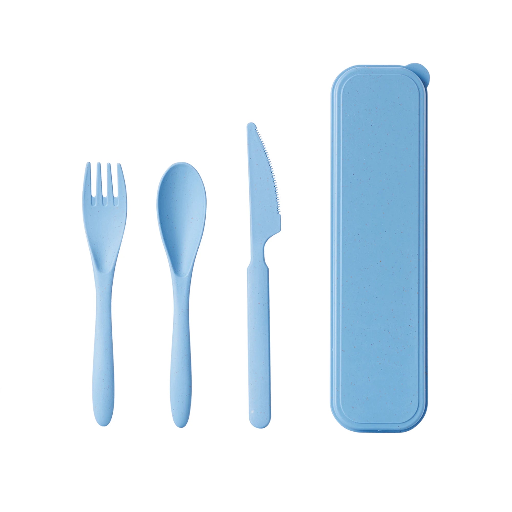 Set of blue kawaii utensils including fork, knife, spoon, and case on a white background