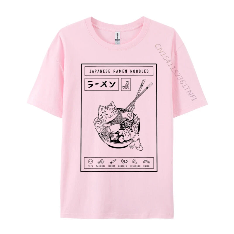Pink t-shirt with a graphic of a kawaii cat in a bowl of ramen and text on a white background