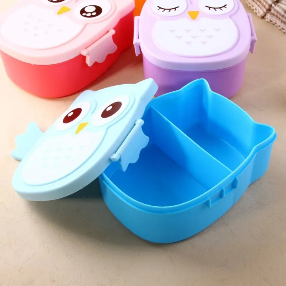 Blue owl-shaped kawaii food container with a pink and red container in the background
