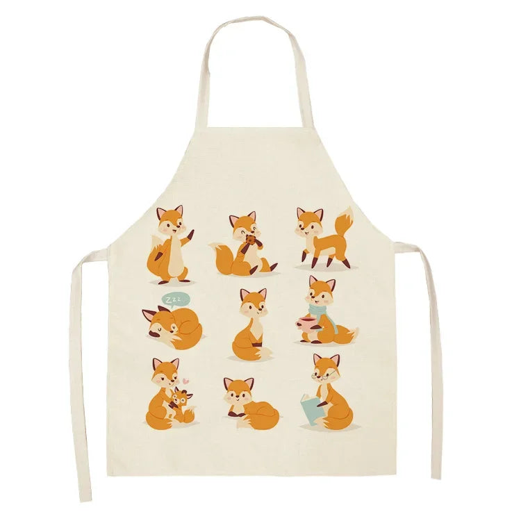 Beige kawaii apron with fox illustrations on a white background