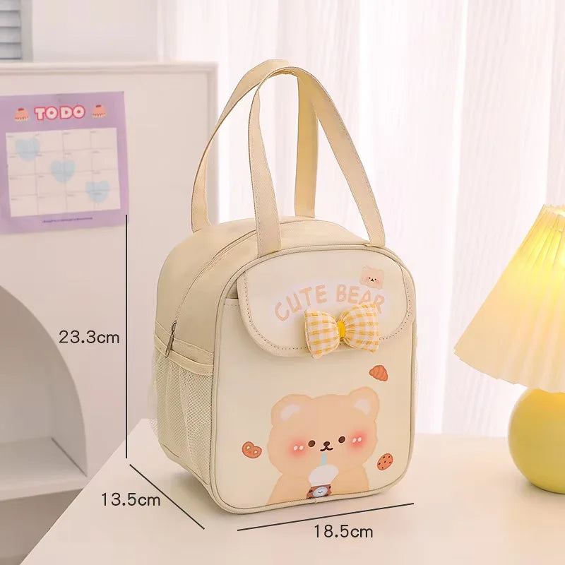 Beige 'Cute Bear' kawaii bag with measurements on a white surface