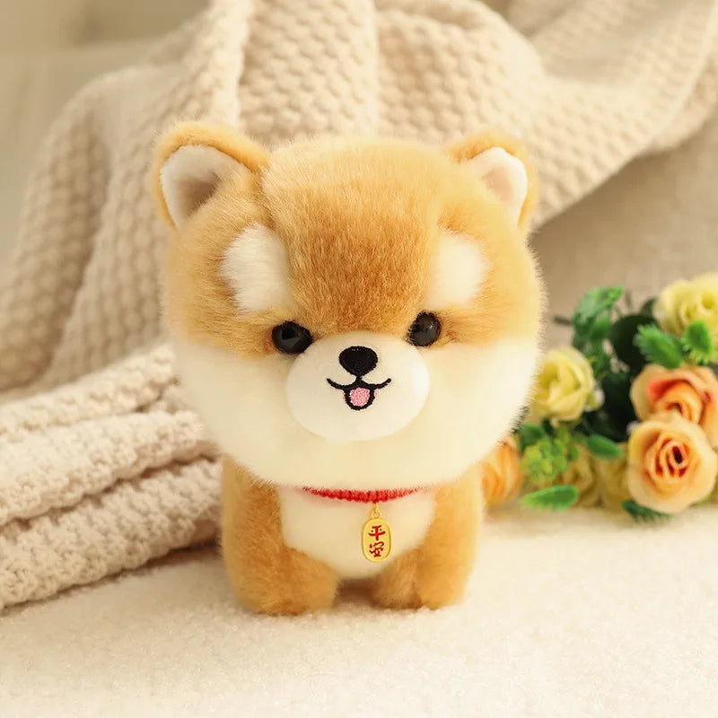 Kawaii plush toy dog with a red ribbon on a soft surface with flowers in the background