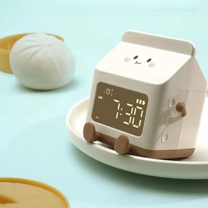 Cute kawaii digital clock with animal face design on a light blue background