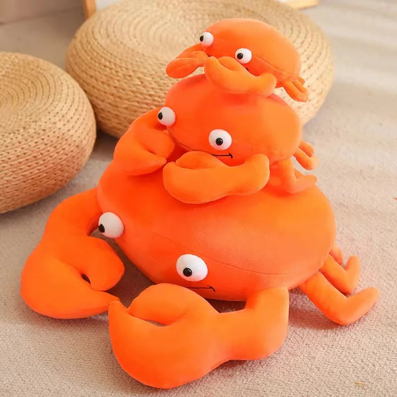 Stack of orange kawaii plush crabs on a beige surface with woven baskets in the background