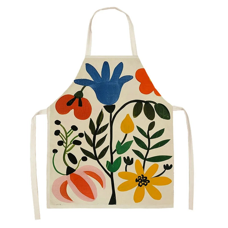 Colorful kawaii apron with floral and abstract designs on a white background