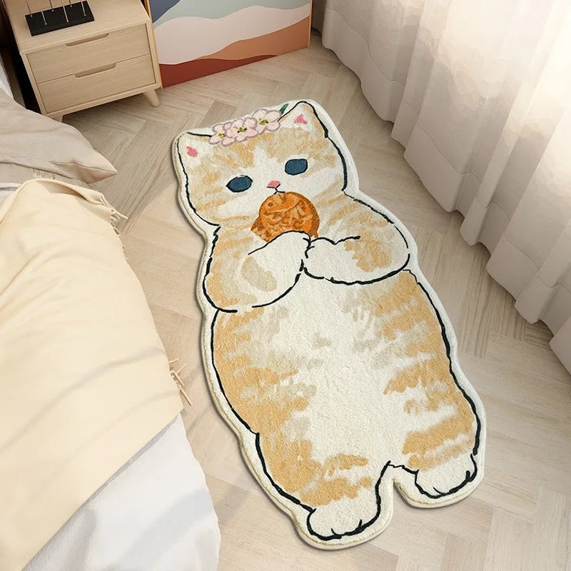 A cat designed rug holding a fish lies on the floor