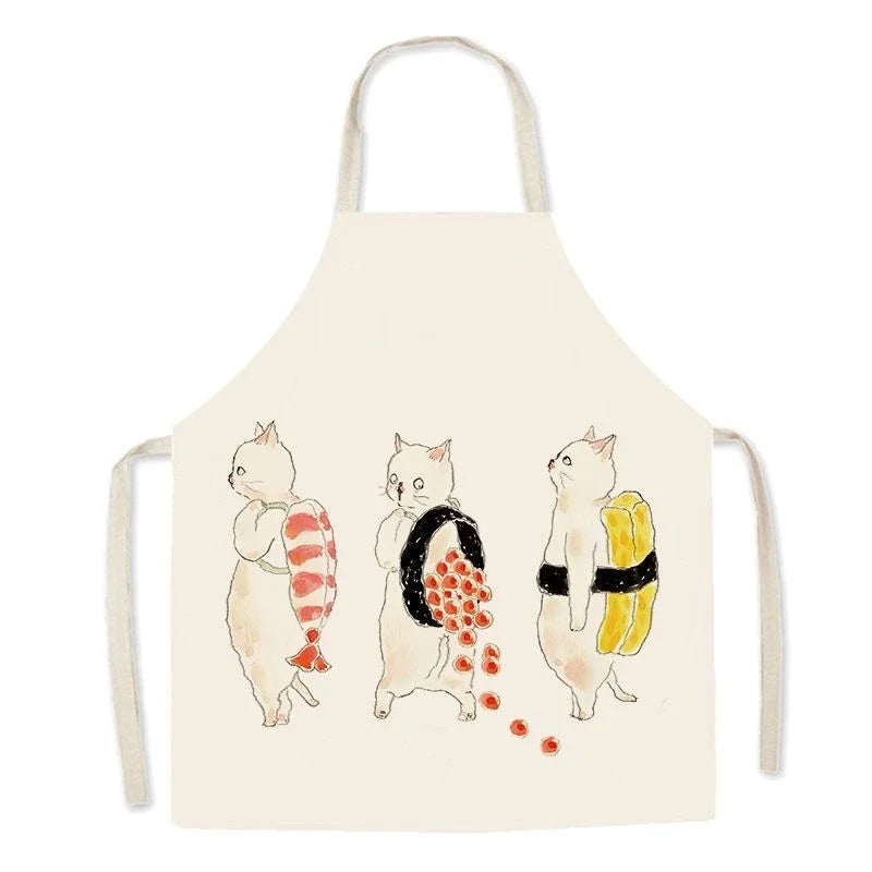 Kawaii apron with cartoon cat illustrations holding sushi rolls on a white background
