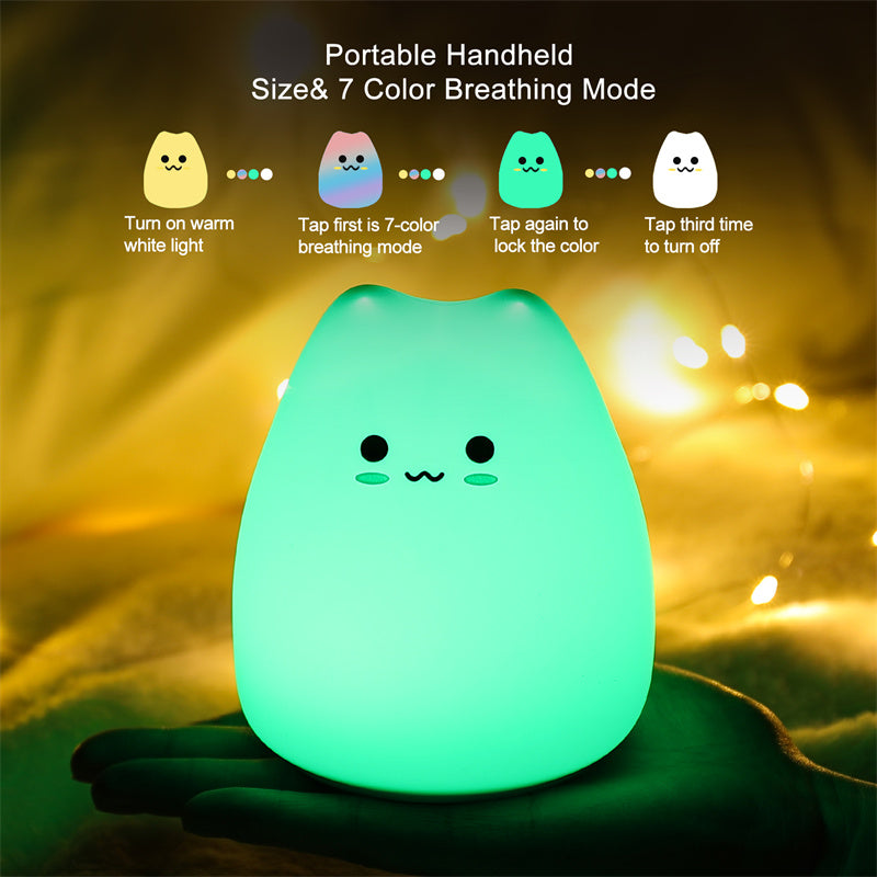 Portable kawaii handheld LED light with 7-color breathing mode on a dark background
