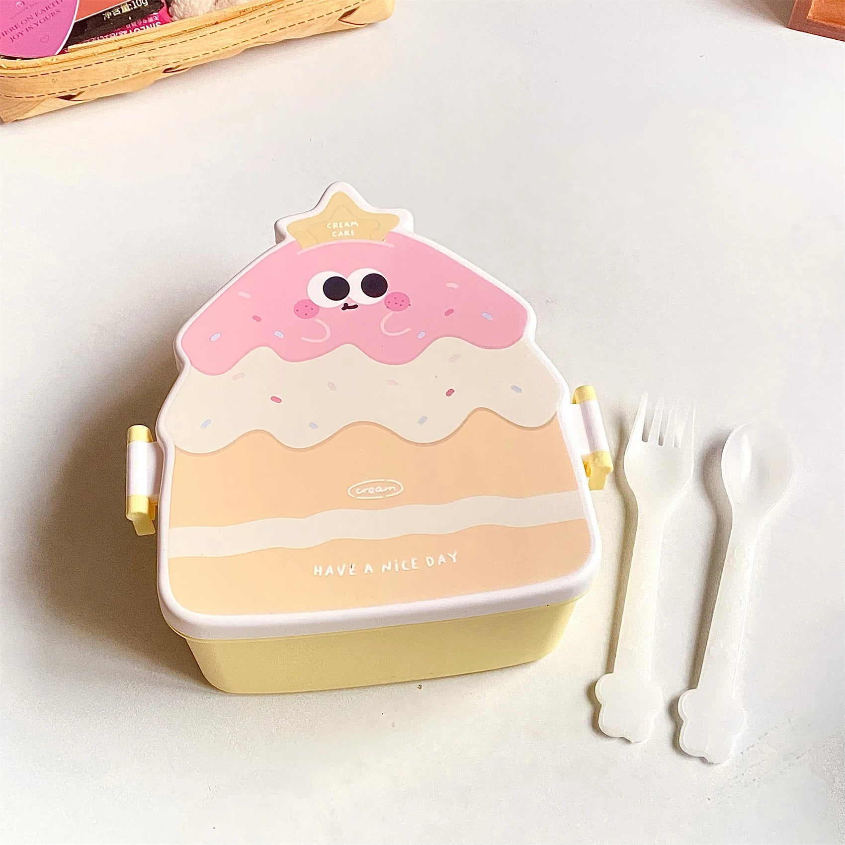 Cute cartoon ice cream-shaped kawaii lunch box with a white background