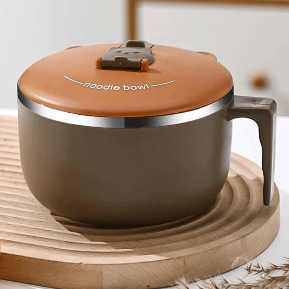 Brown ceramic noodle kawaii ramen bowl with a lid on a wooden surface