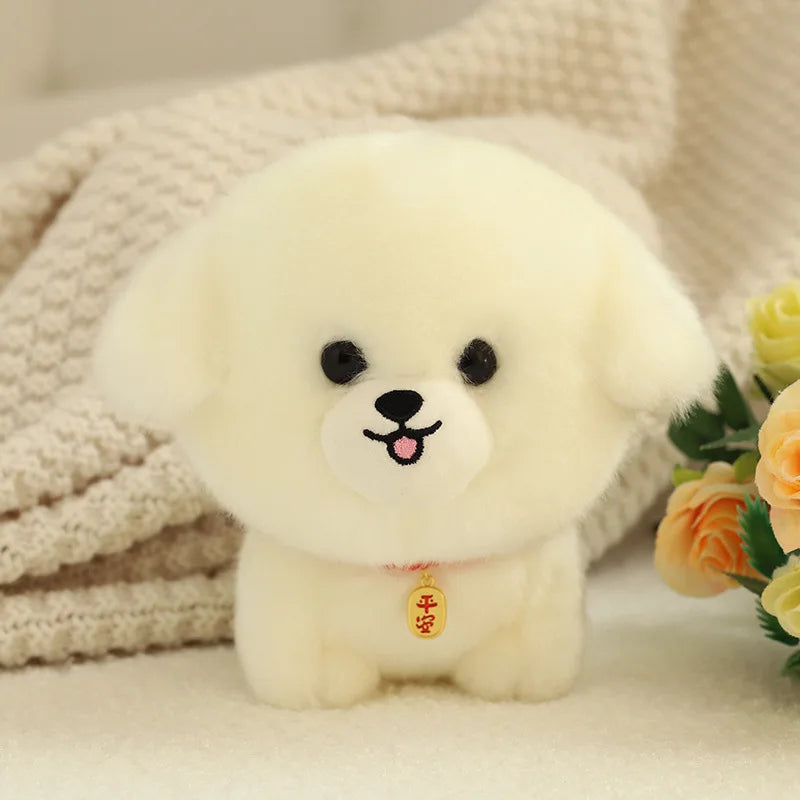 White kawaii plush toy with black eyes and a pink tongue on a soft surface with flowers in the background